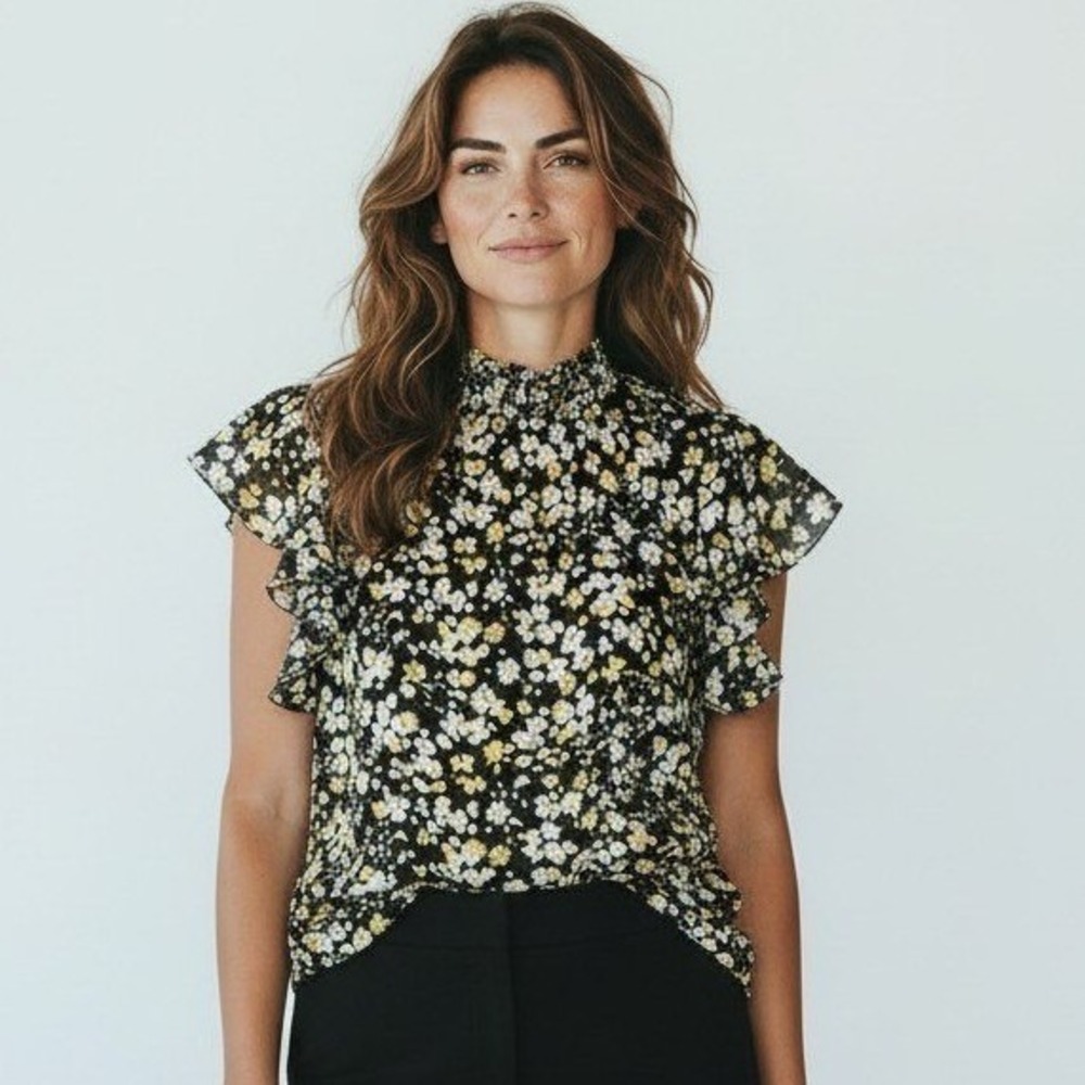 CeCe Women Black Yellow Daisy Floral Smocked High Neck Ruffle Blouse XS